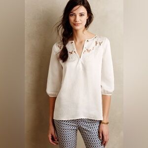 Cooper & Ella XS Ivory Floral Cut Flower Peasant Blouse Top‎ 3/4 Sleeve